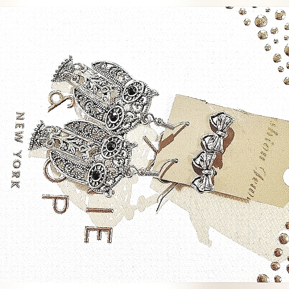 Cute Silver Owl Dangle Earrings & A Darling Pair Of Silver Ribbon Stud Earrings - Picture 5 of 8